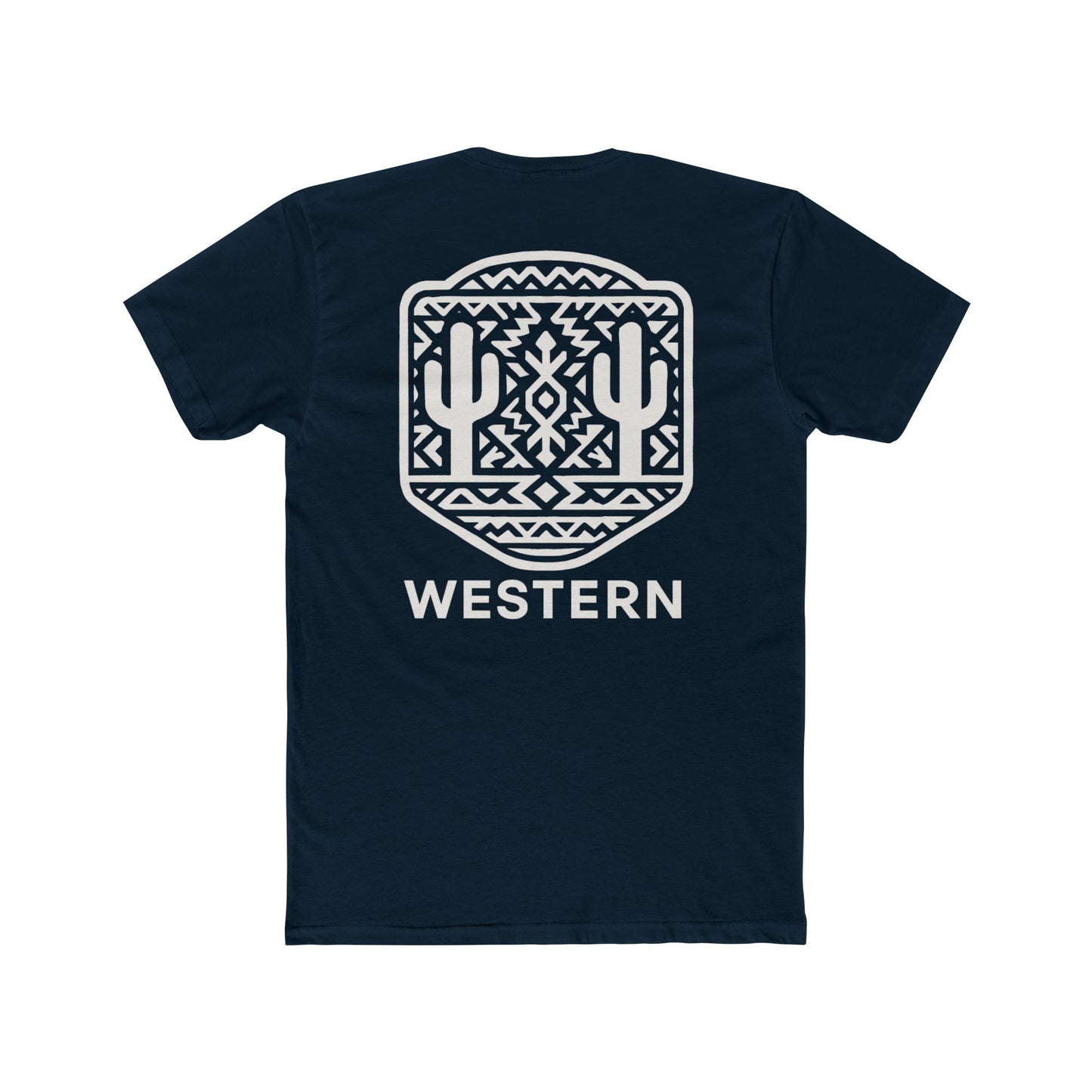 Midnight Navy t-shirt with aztec pattern and cacti inside a geometric border with word western across the bottom #midnightnavy