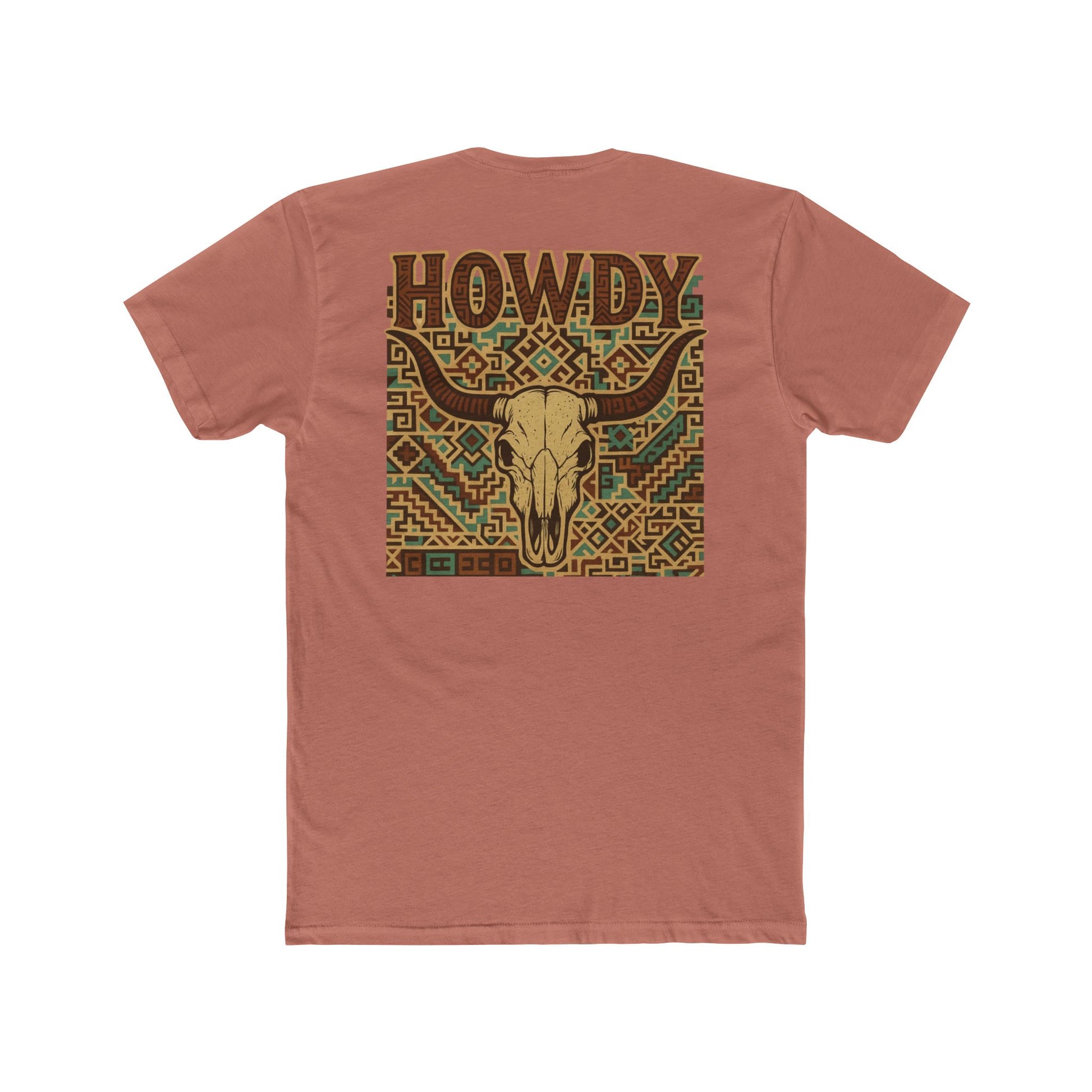 Desert Pink t-shirt with graphic of aztec patter, bull skull, and the word howdy across the top #desertpink