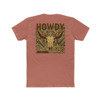 Desert Pink t-shirt with graphic of aztec patter, bull skull, and the word howdy across the top #desertpink