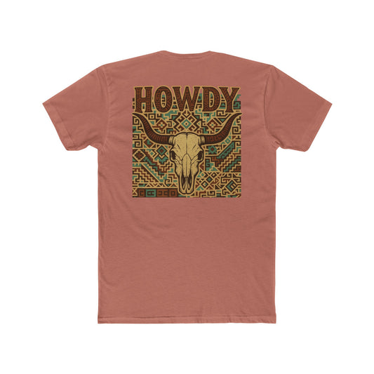 Desert Pink t-shirt with graphic of aztec patter, bull skull, and the word howdy across the top #desertpink