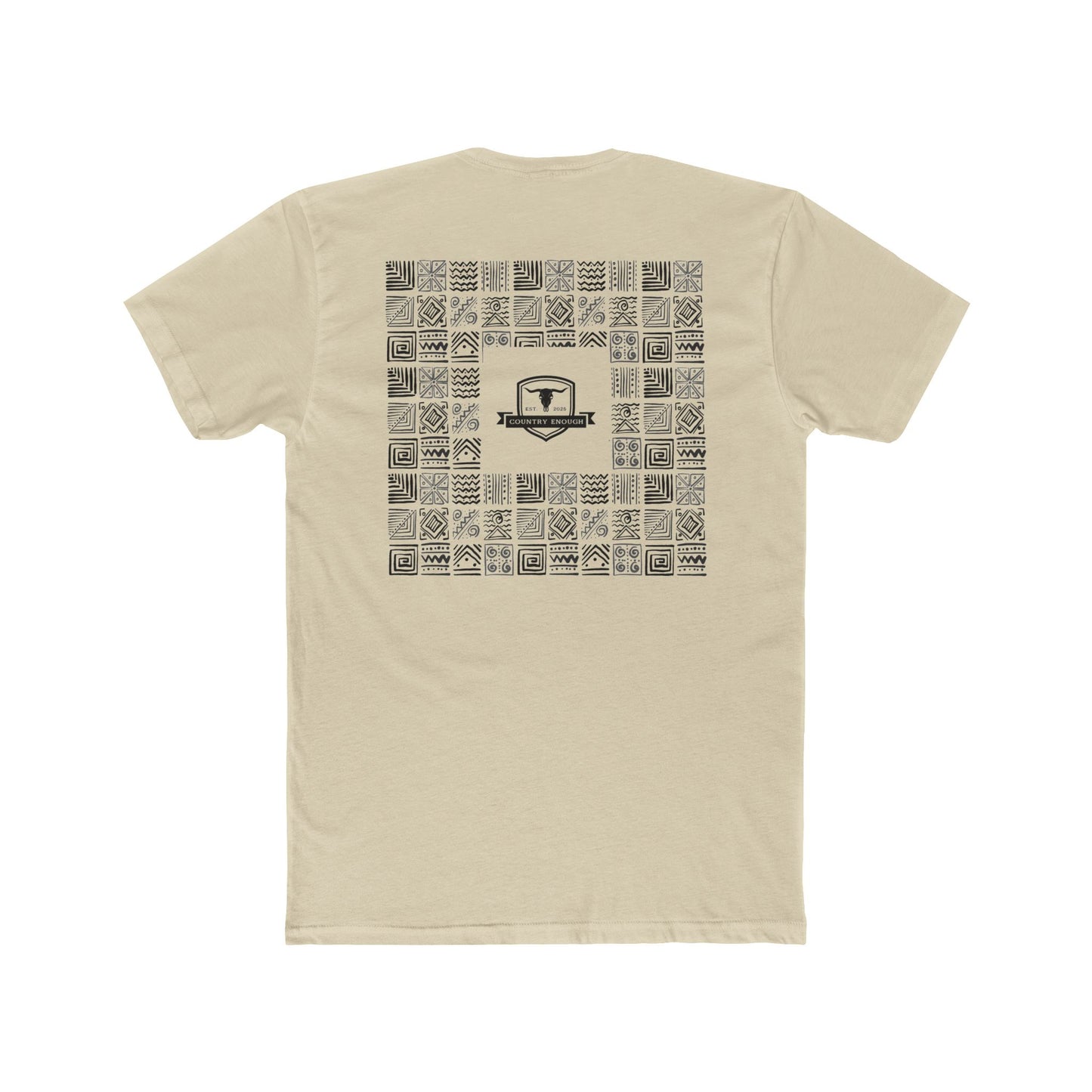 Cream t-shirt with graphic of aztec patterns arranged in a square with country enough logo in the center #cream