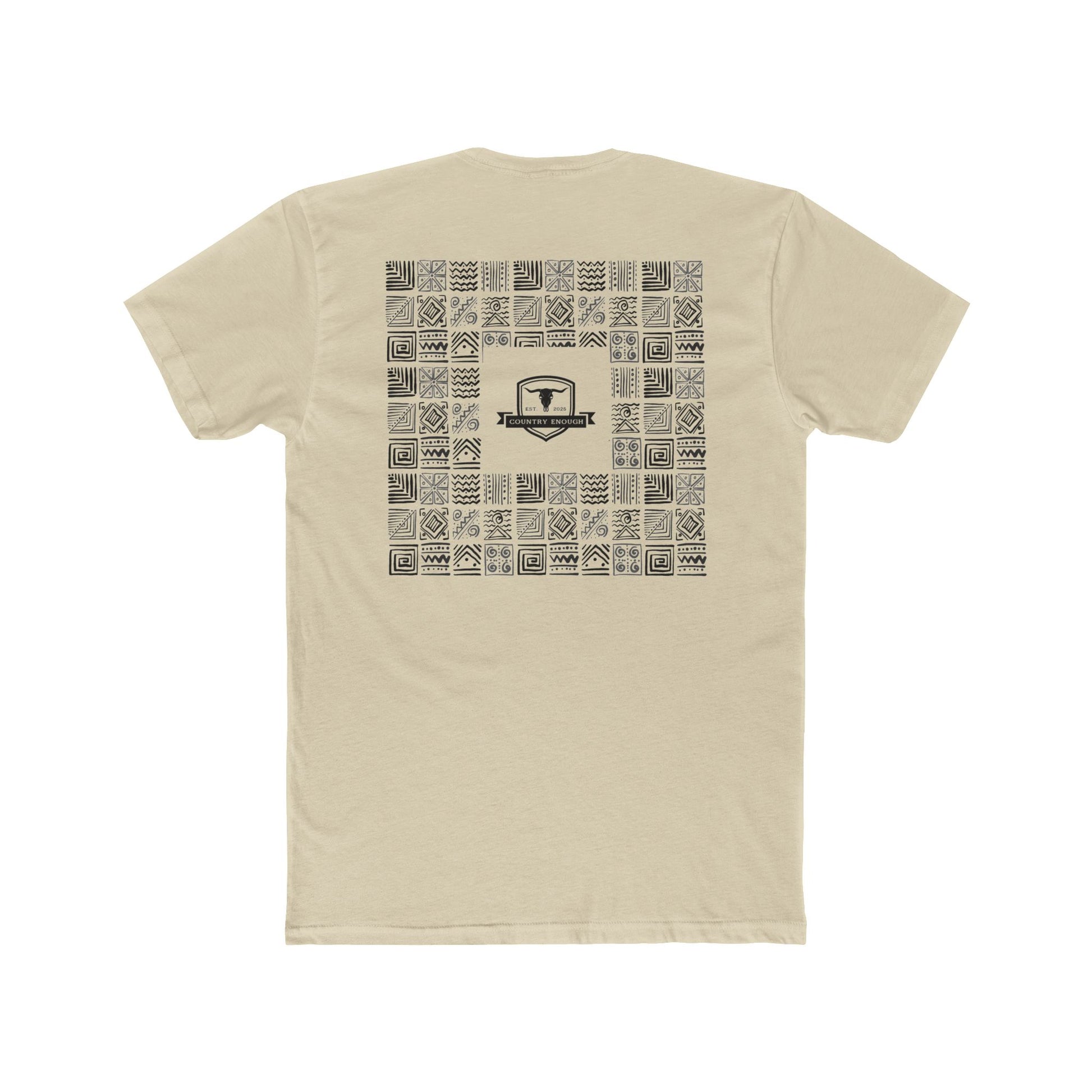 Cream t-shirt with graphic of aztec patterns arranged in a square with country enough logo in the center #cream