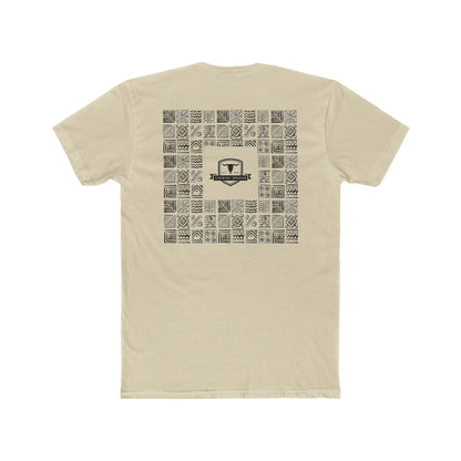 Cream t-shirt with graphic of aztec patterns arranged in a square with country enough logo in the center #cream