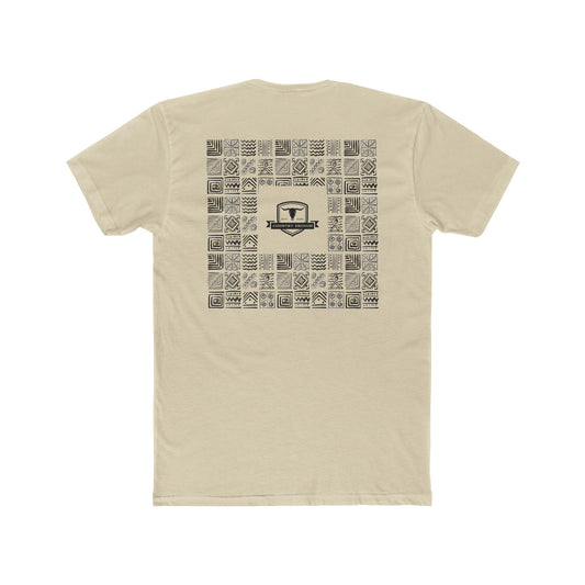 Cream t-shirt with graphic of aztec patterns arranged in a square with country enough logo in the center #cream