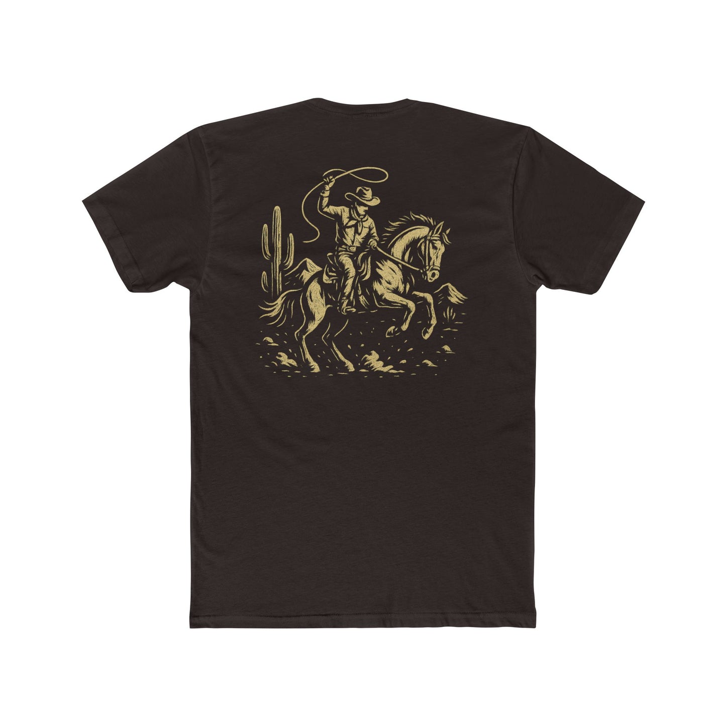Dark Brown t-shirt with graphic of monochrome horse rider, lasso, and western landscape #darkbrown