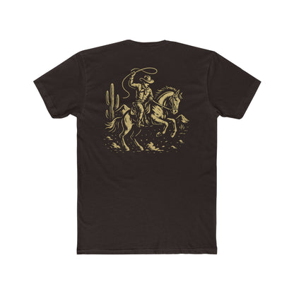 Dark Brown t-shirt with graphic of monochrome horse rider, lasso, and western landscape #darkbrown