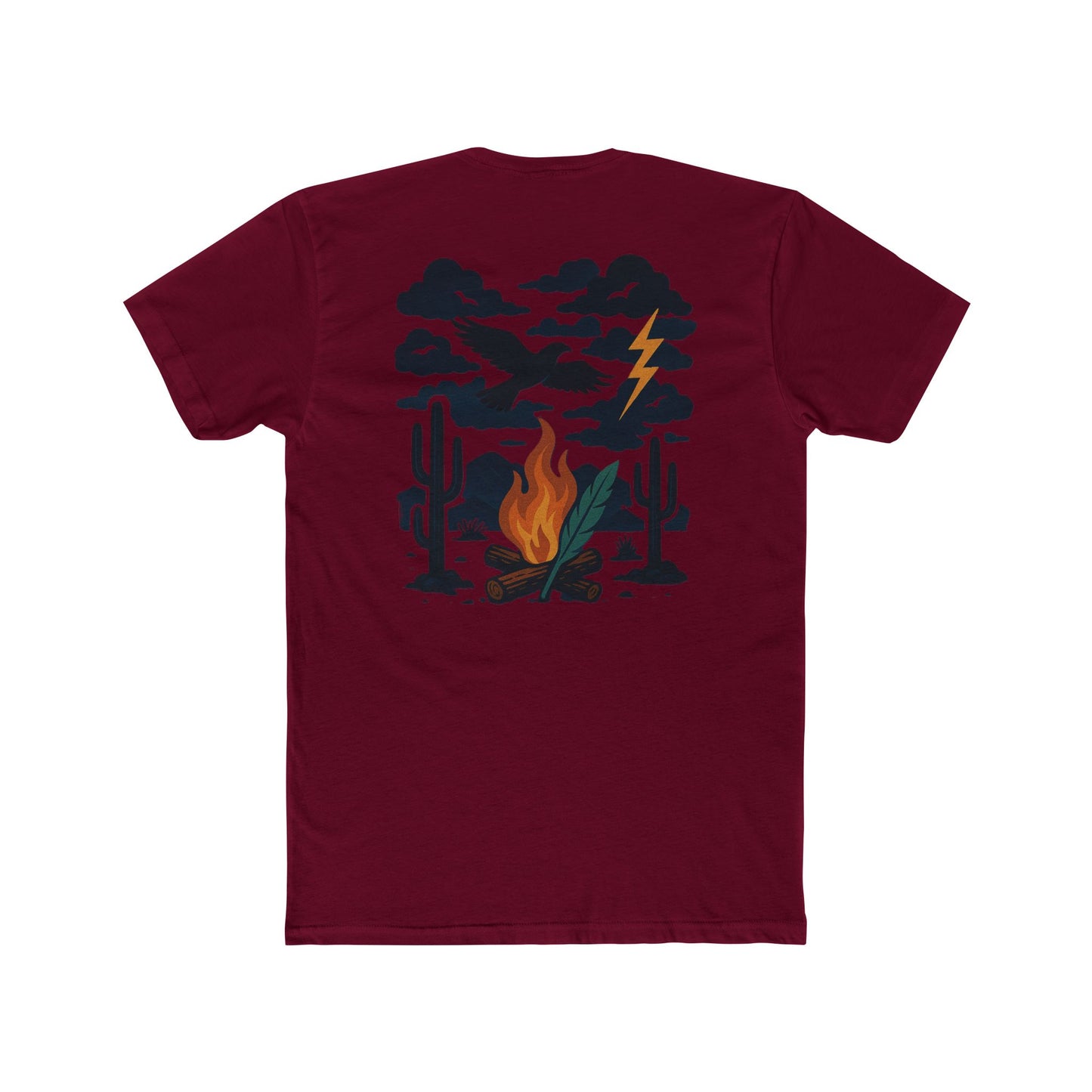Cardinal Red t-shirt with graphic of clouds, lightning, bird, a campfire, cacti in a desert landscape #cardinalred