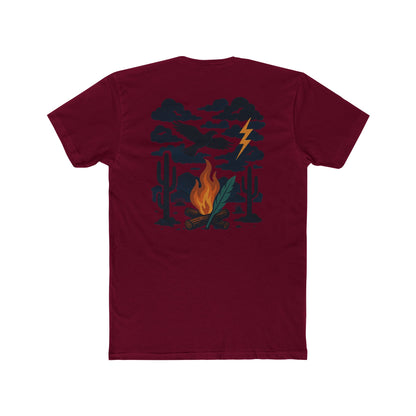 Cardinal Red t-shirt with graphic of clouds, lightning, bird, a campfire, cacti in a desert landscape #cardinalred