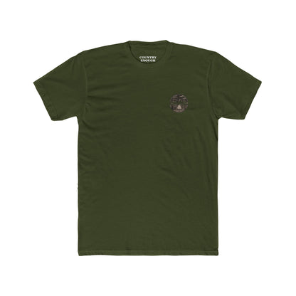 Military Green t-shirt with graphic of cowboy and horse sitting at a campfire in a desert landscape #militarygreen