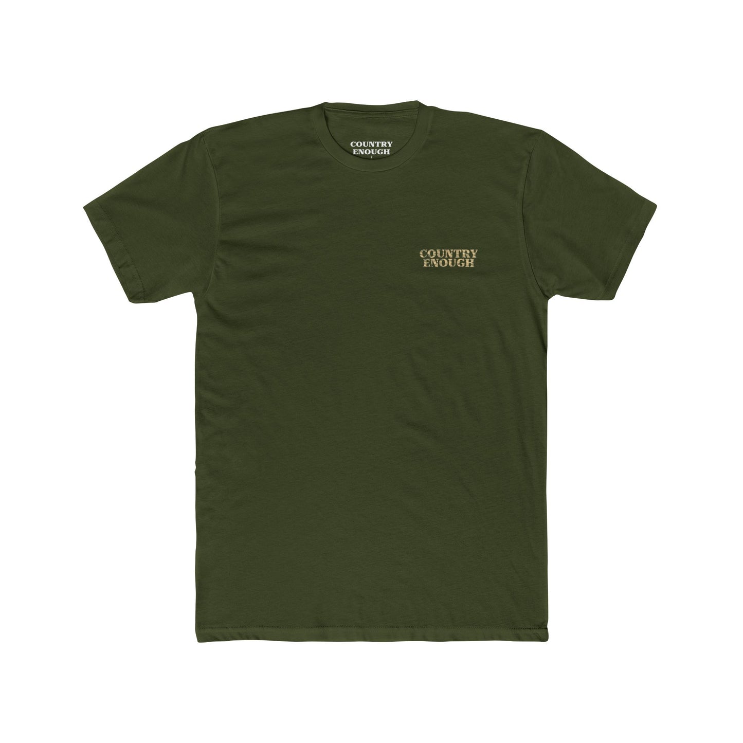 Military Green t-shirt with graphic of a aztec pattern in the shape of a bull skull, mountains, and a lone cactus #militarygreen