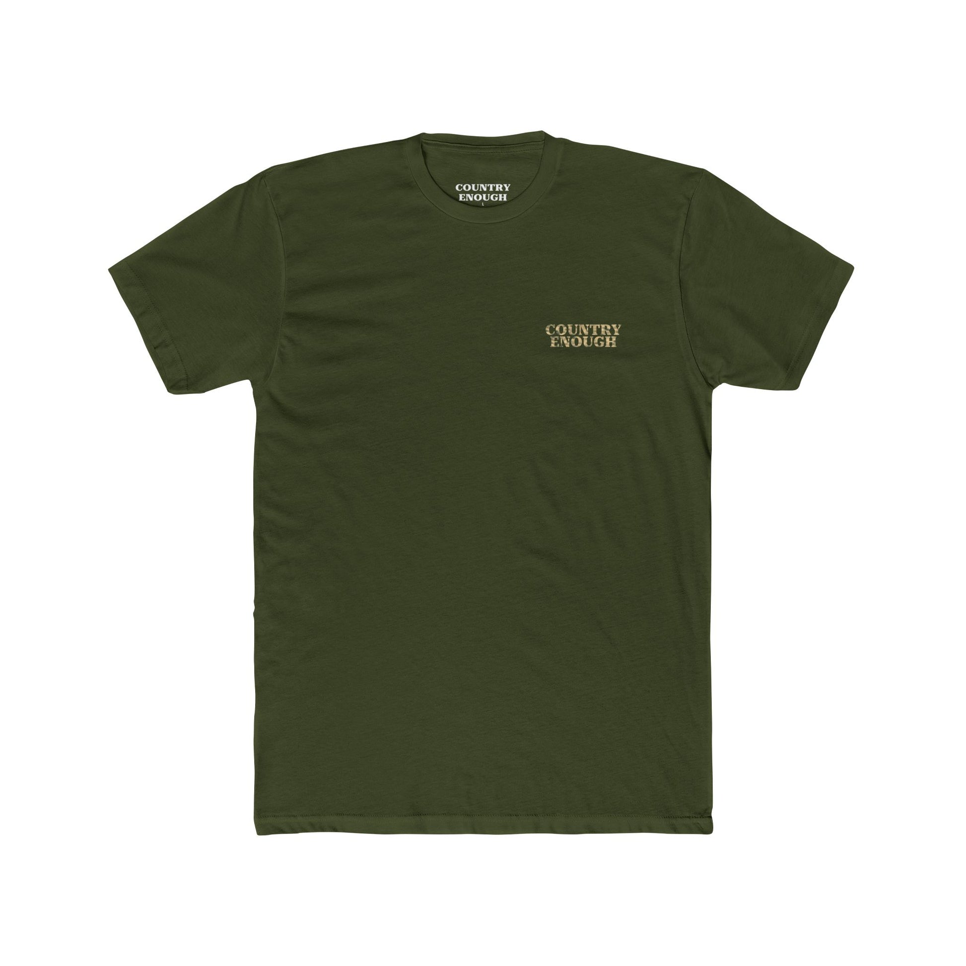 Military Green t-shirt with graphic of a aztec pattern in the shape of a bull skull, mountains, and a lone cactus #militarygreen