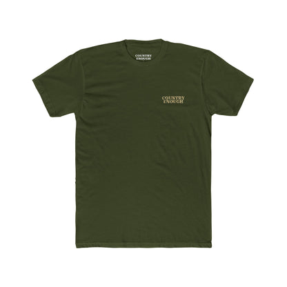 Military Green t-shirt with graphic of a aztec pattern in the shape of a bull skull, mountains, and a lone cactus #militarygreen