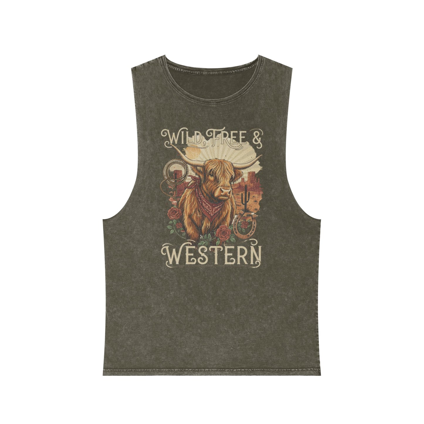 Moss Stone distressed wash tank top with a highland cow, desert landscape graphic #mossstone