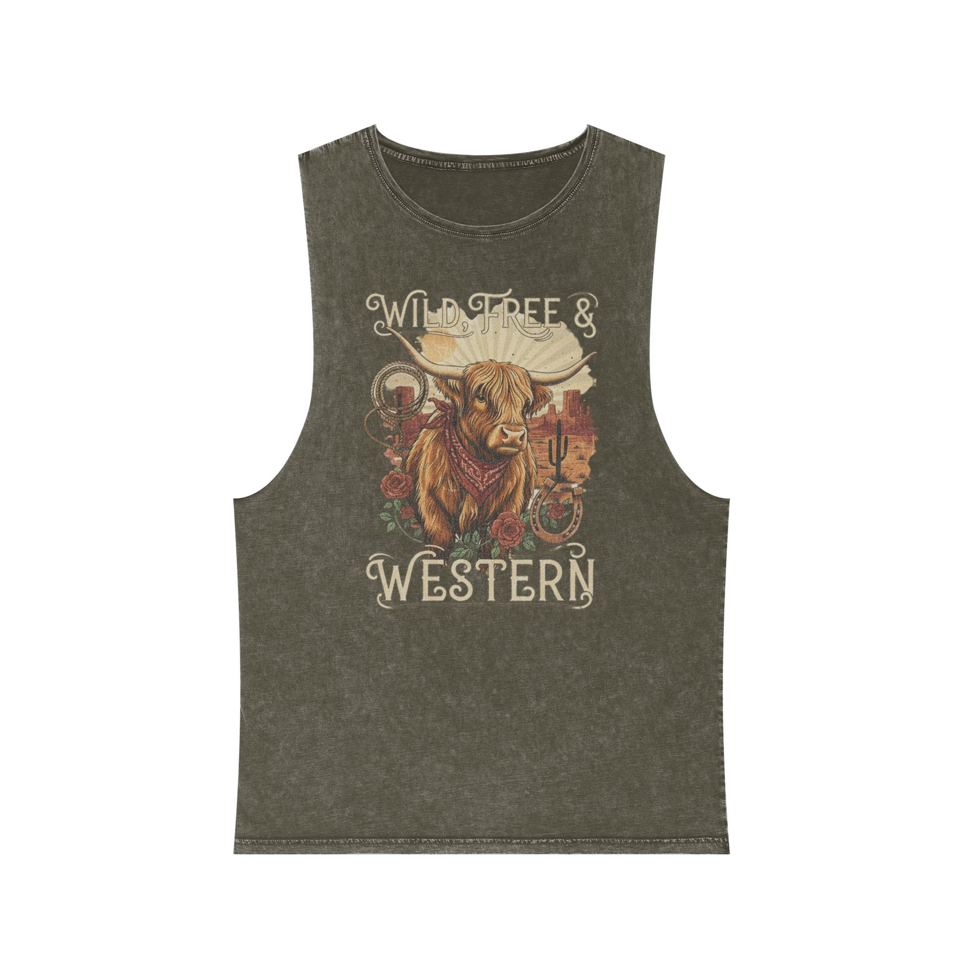 Moss Stone distressed wash tank top with a highland cow, desert landscape graphic #mossstone