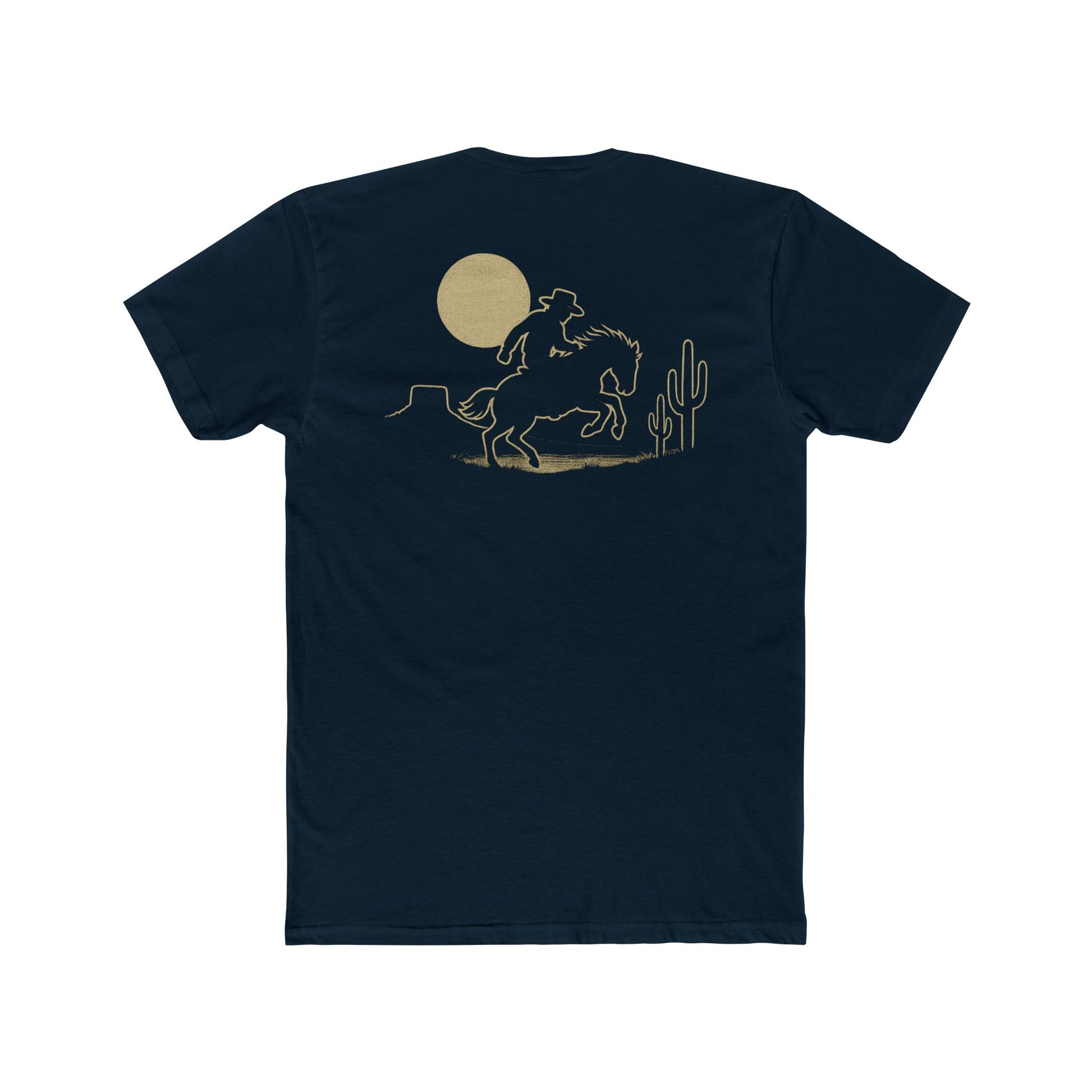 Midnight Navy t-shirt featuring mountains, cactus, horse and rider, and a full moon. #midnightnavy
