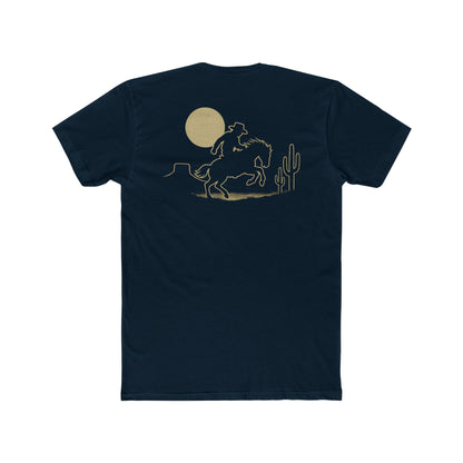 Midnight Navy t-shirt featuring mountains, cactus, horse and rider, and a full moon. #midnightnavy