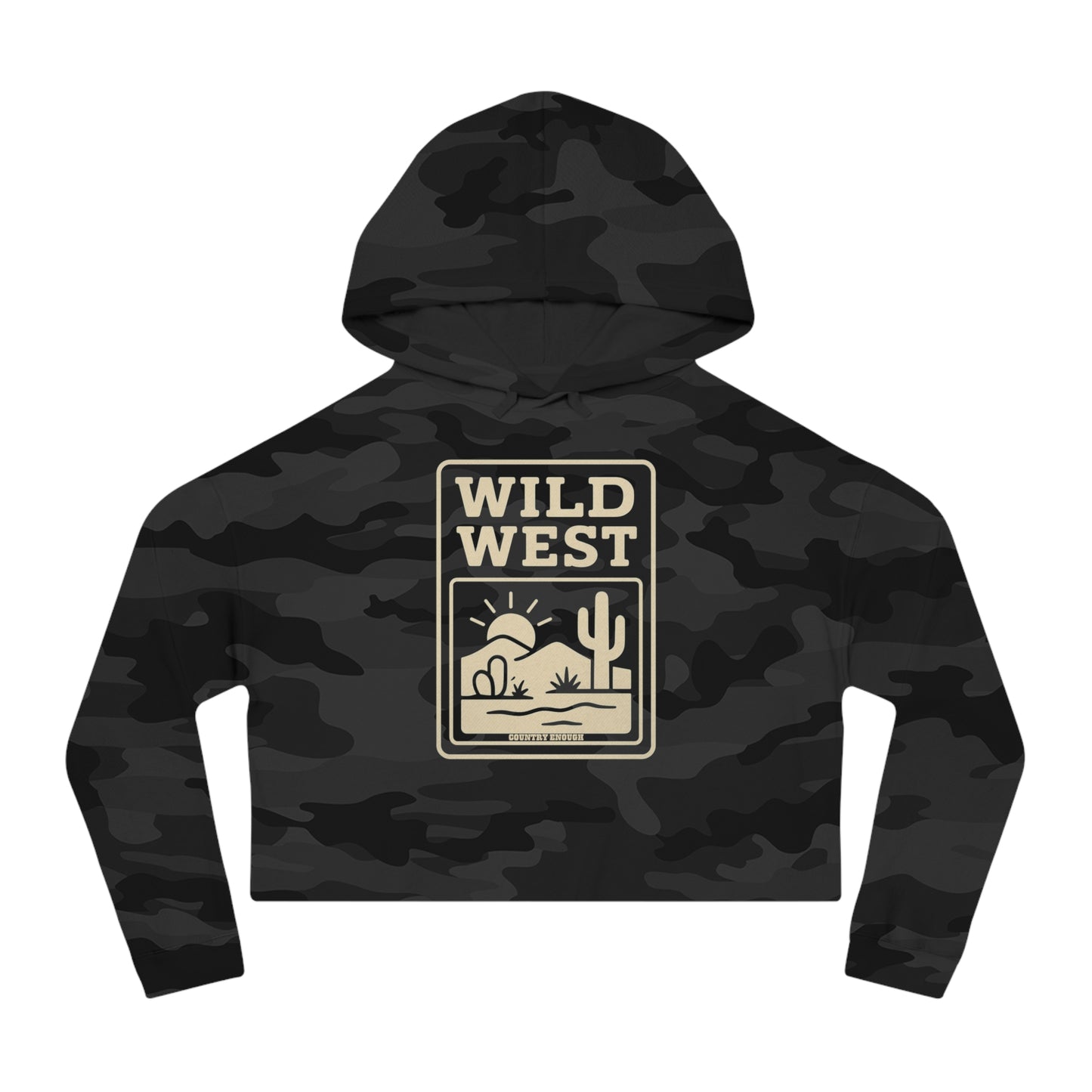 Black Camo hoodie with sunset, desert landscape, and wild west text graphic #blackcamo