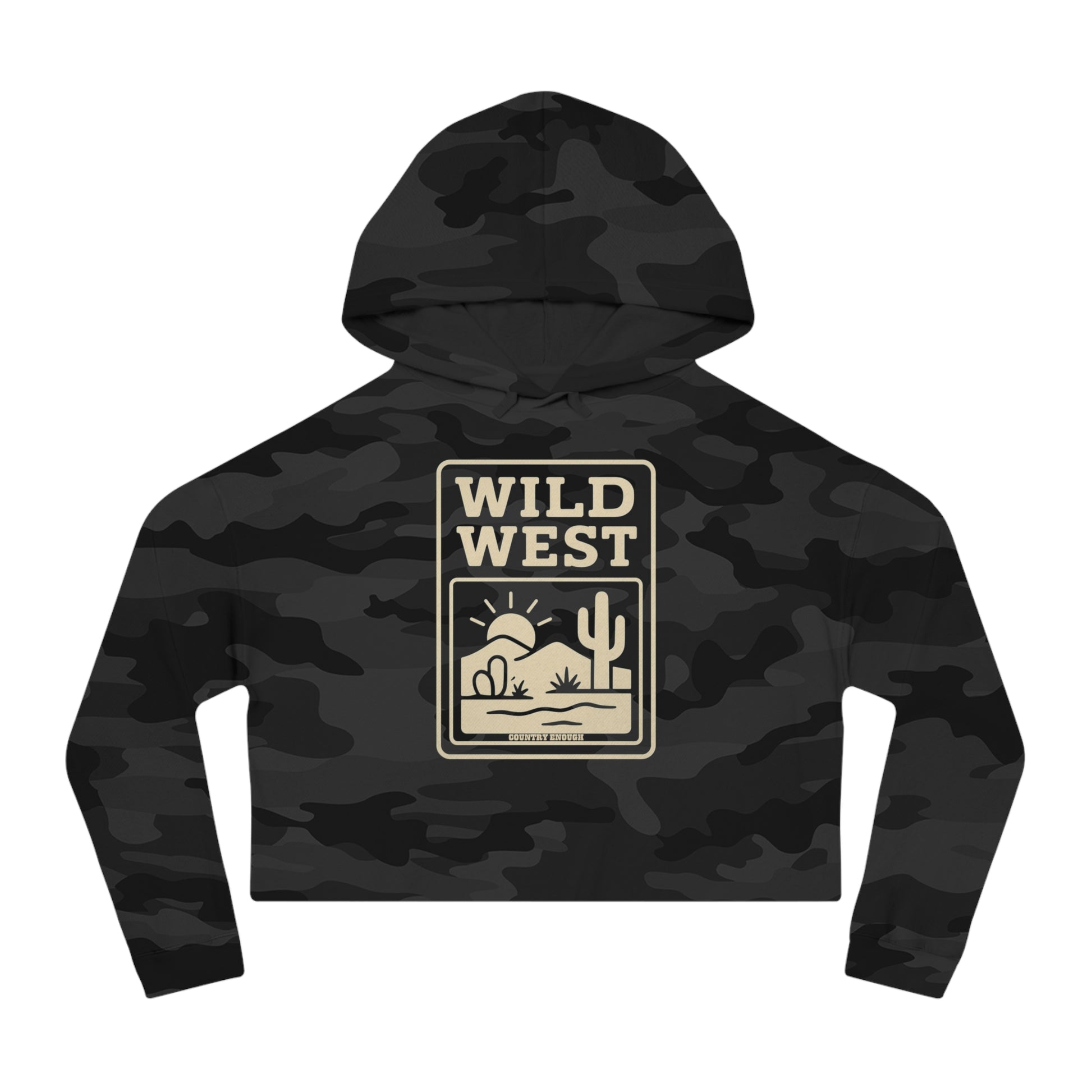 Black Camo hoodie with sunset, desert landscape, and wild west text graphic #blackcamo