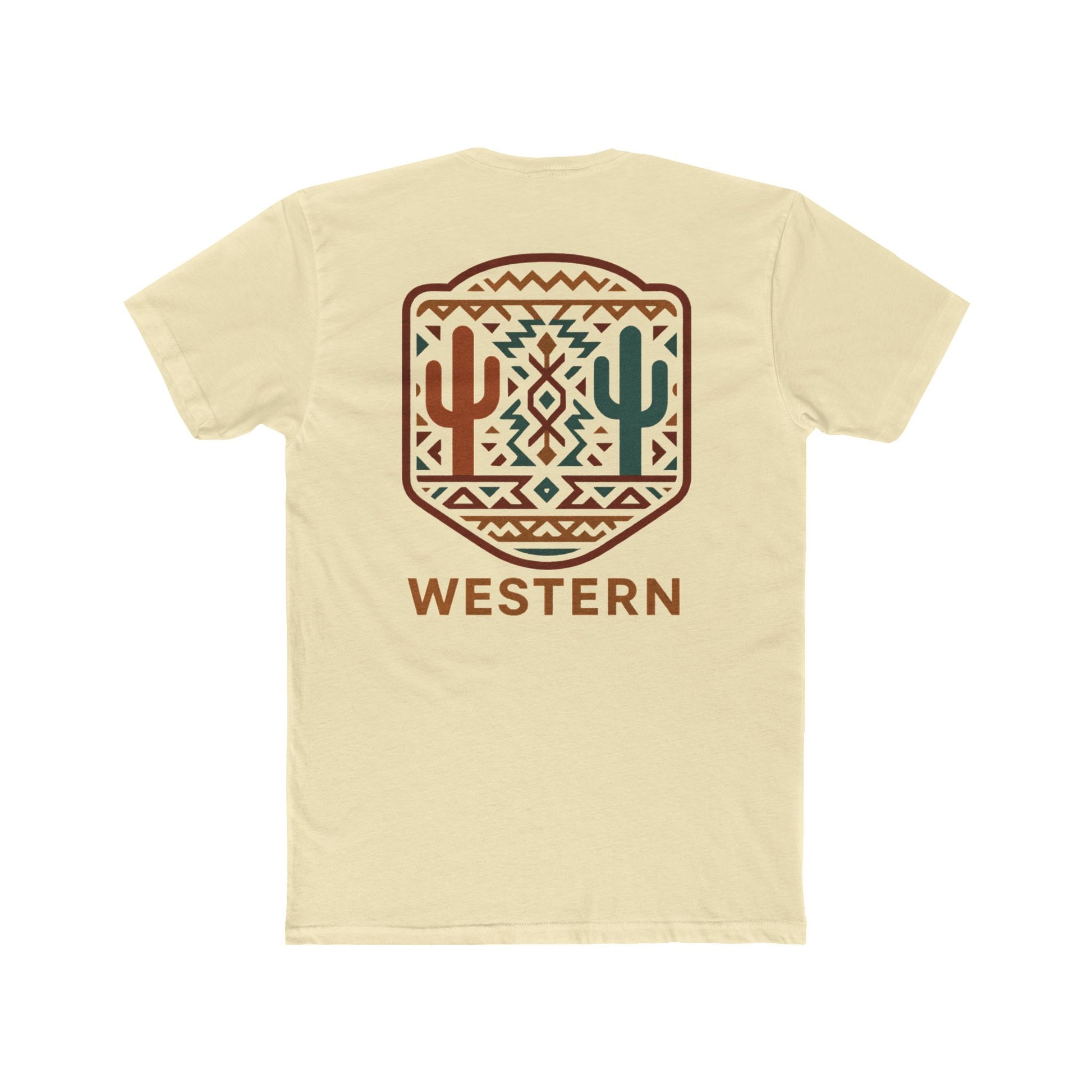 Natural t-shirt with graphic of mirrored cacti surrounded by aztec pattern and enclosed in a geometric border with word western below #natural