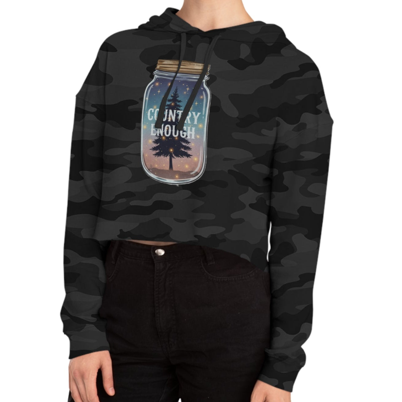 Black camo crop hoodie with mason jar, pine trees, and stars graphic #blackcamo