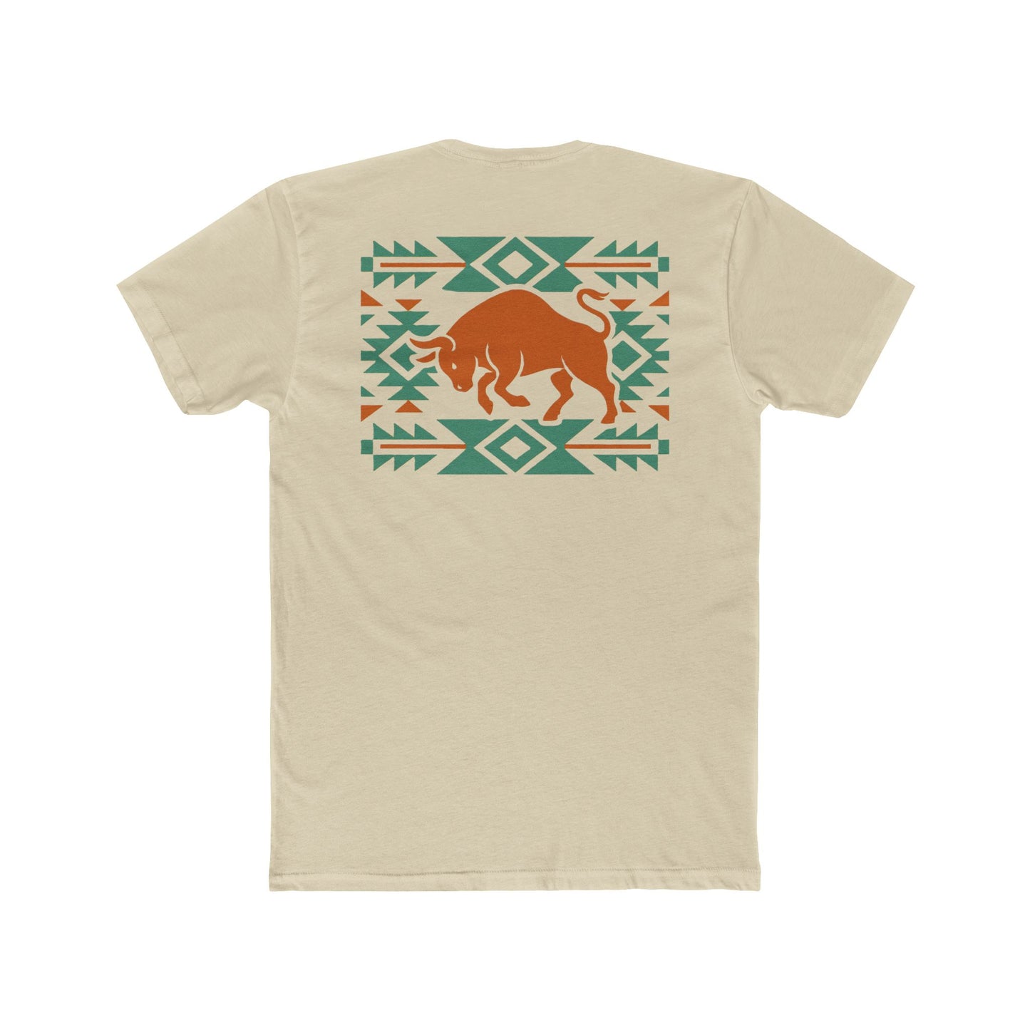 Cream t-shirt with graphic of charging bull surround by aztec pattern #cream