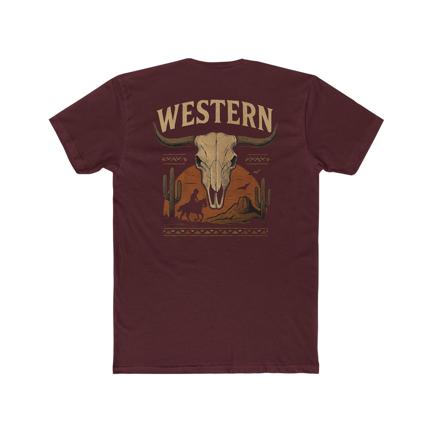 Maroon t-shirt with longhorn skull, aztec print, desert landscape, cacti, and cowboy silhouette with word Western across the top #maroon