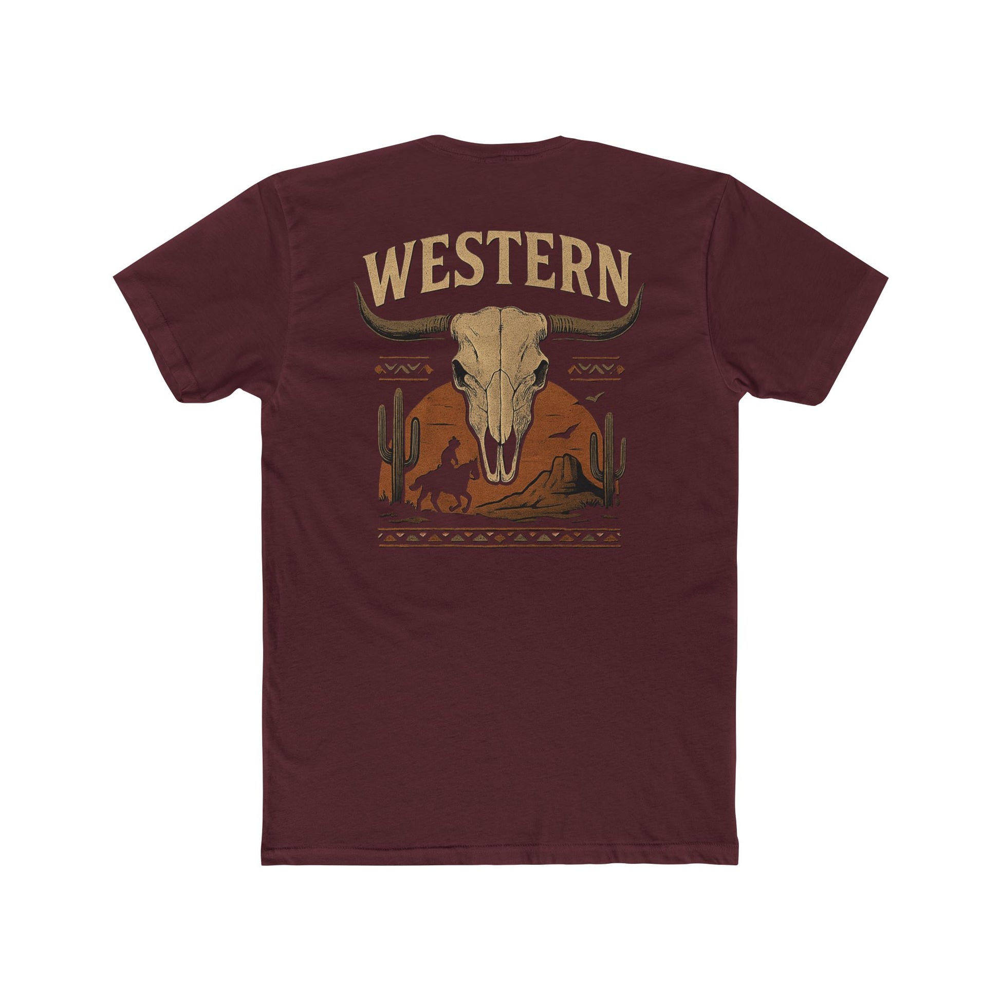 Maroon t-shirt with longhorn skull, aztec print, desert landscape, cacti, and cowboy silhouette with word Western across the top #maroon
