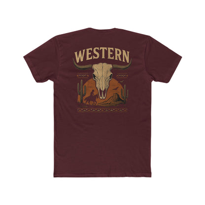 Maroon t-shirt with longhorn skull, aztec print, desert landscape, cacti, and cowboy silhouette with word Western across the top #maroon