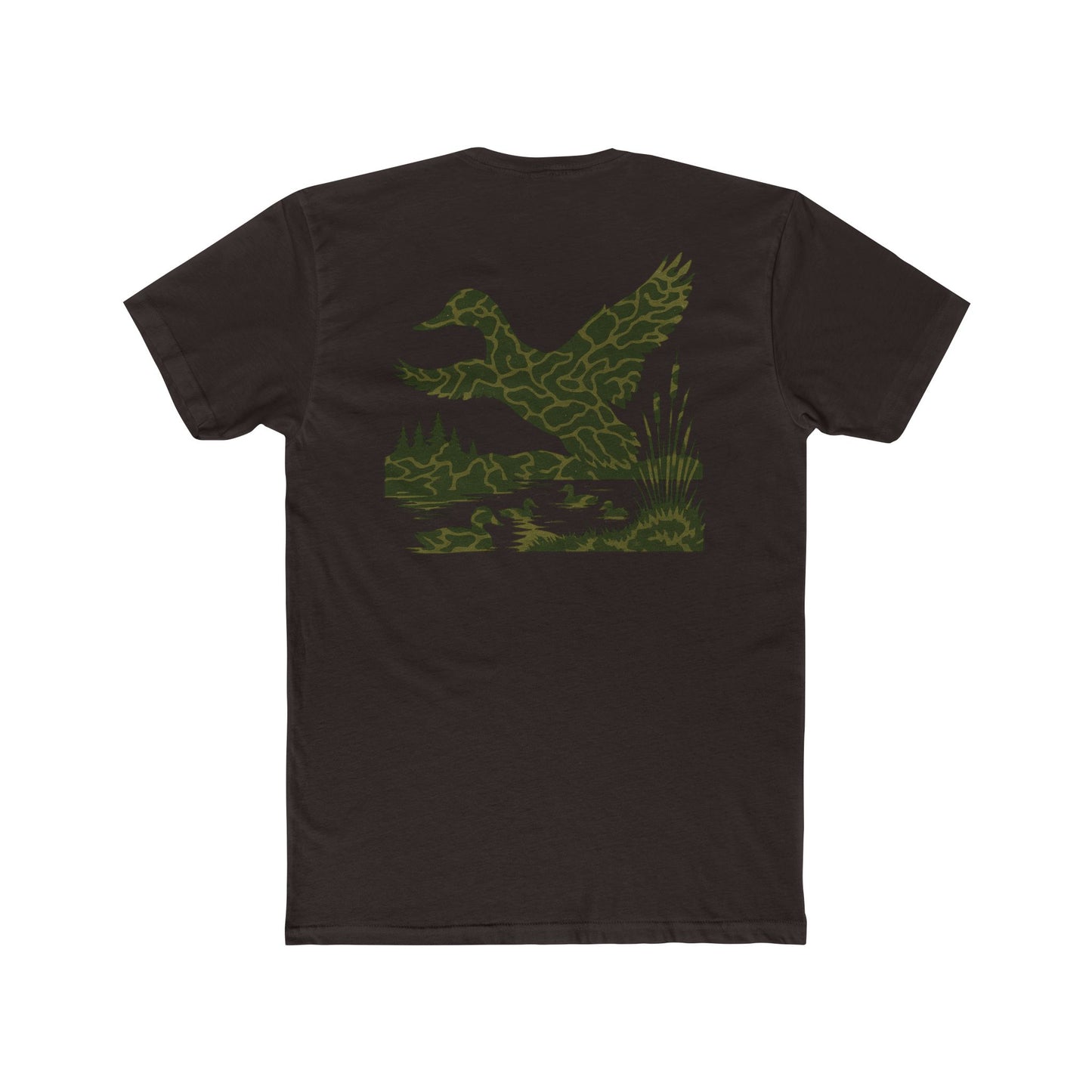 Dark Brown t-shirt with flying & swimming ducks in a full camo marsh scene #darkbrown