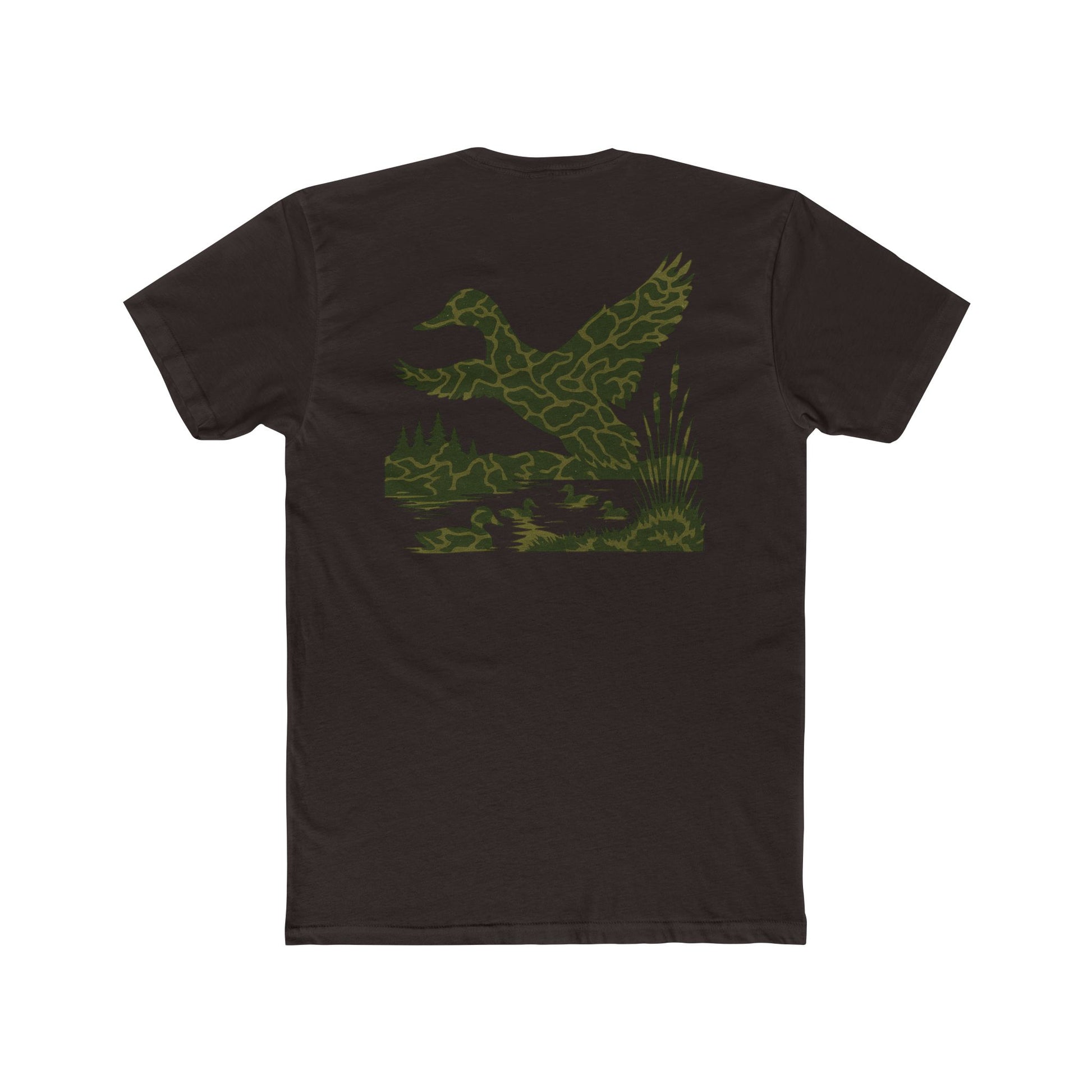 Dark Brown t-shirt with flying & swimming ducks in a full camo marsh scene #darkbrown