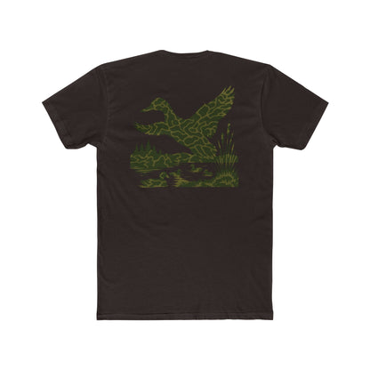 Dark Brown t-shirt with flying & swimming ducks in a full camo marsh scene #darkbrown
