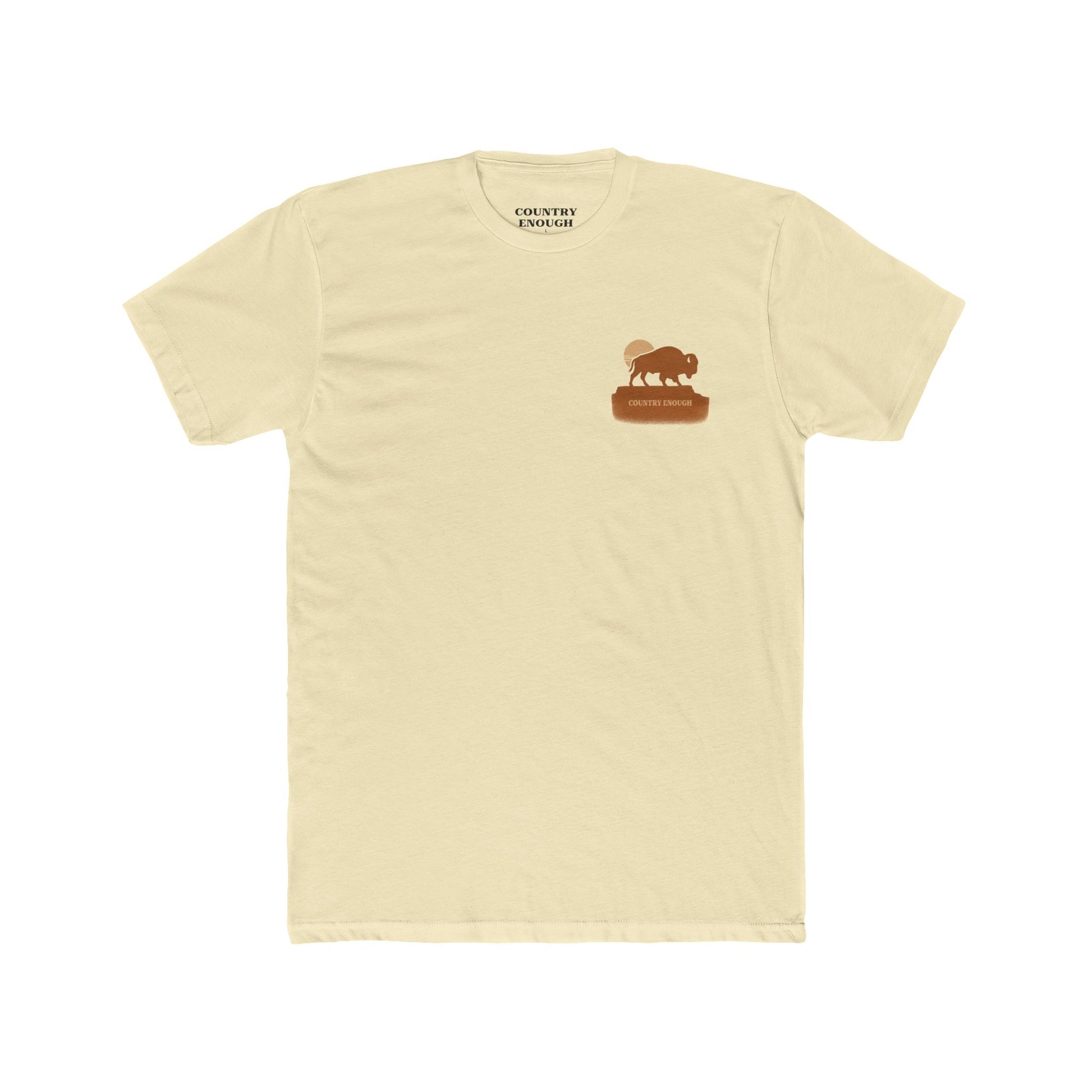 Natural t-shirt with graphic of bison atop a plateau and the sun behind #natural