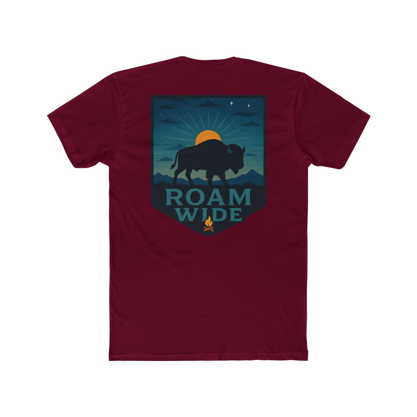 Cardinal Red T-Shirt with graphic of bison, sun, mountains, and the words roam wide #cardinalred
