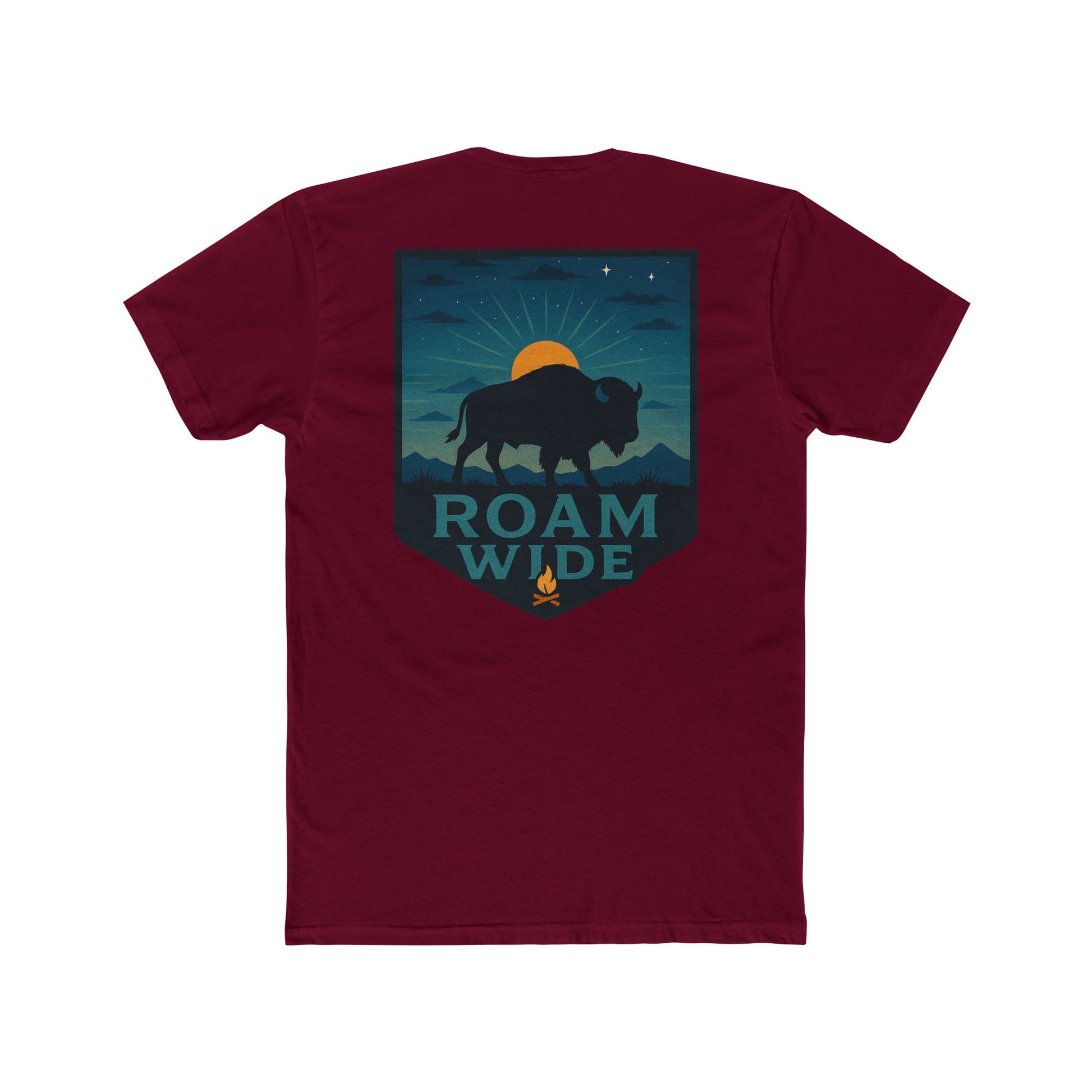 Cardinal Red T-Shirt with graphic of bison, sun, mountains, and the words roam wide #cardinalred