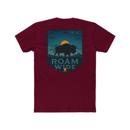 Cardinal Red T-Shirt with graphic of bison, sun, mountains, and the words roam wide #cardinalred