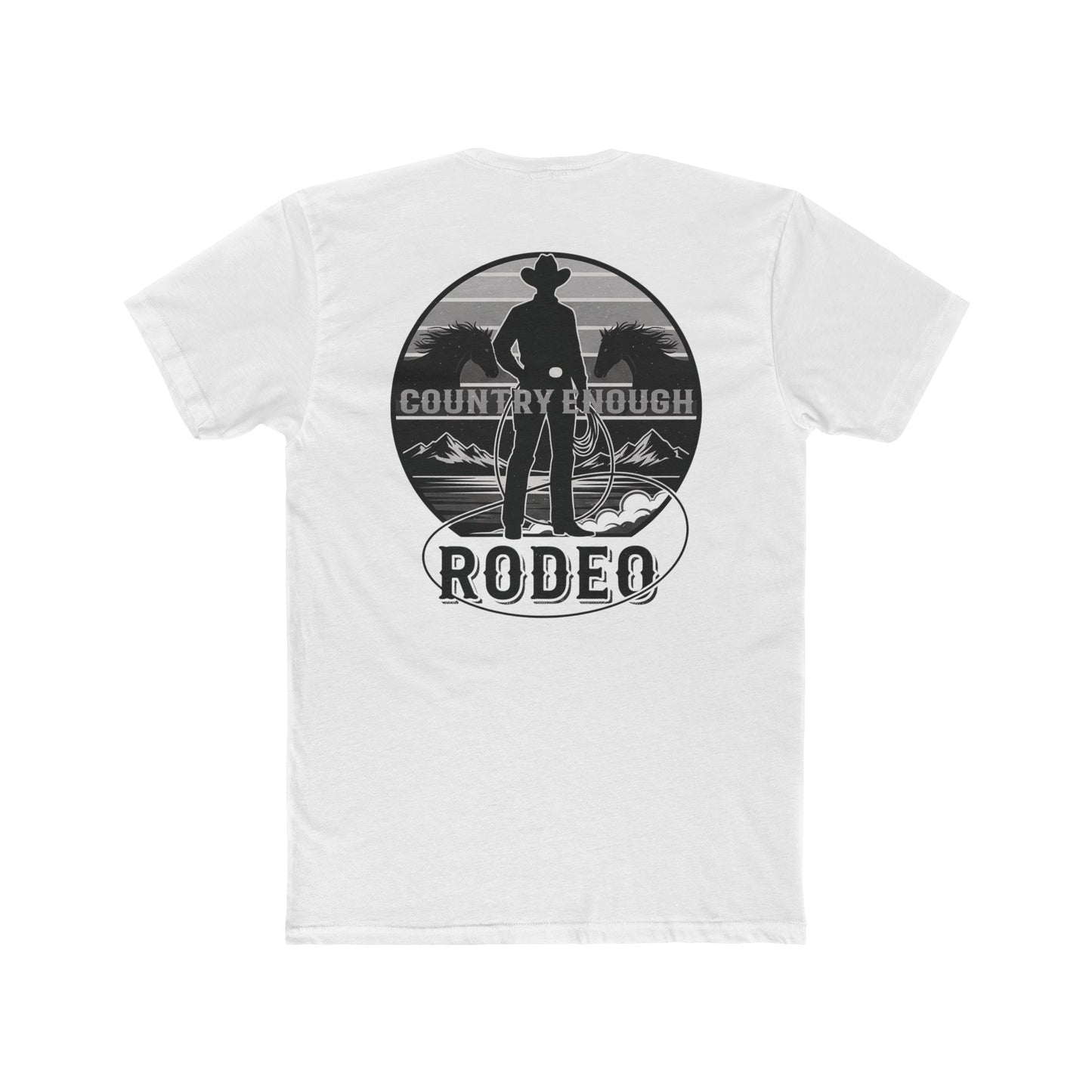 White t-shirt with words country enough and rodeo, a cowboy silhouette, horses, lasso and mountains #white