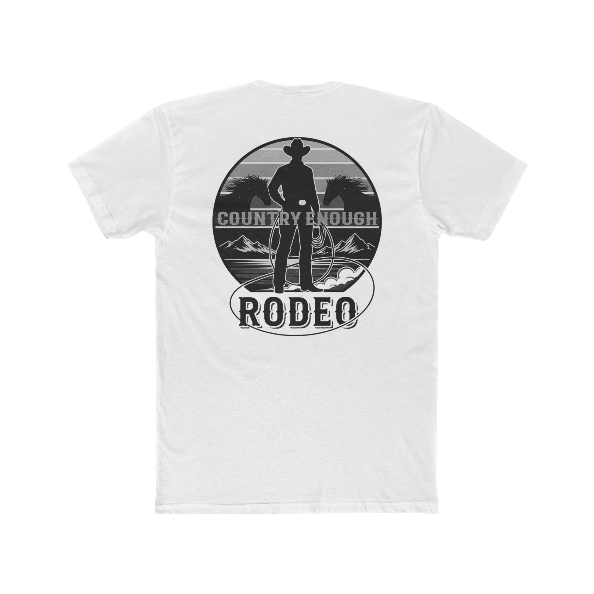 White t-shirt with words country enough and rodeo, a cowboy silhouette, horses, lasso and mountains #white