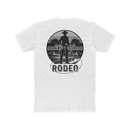 White t-shirt with words country enough and rodeo, a cowboy silhouette, horses, lasso and mountains #white