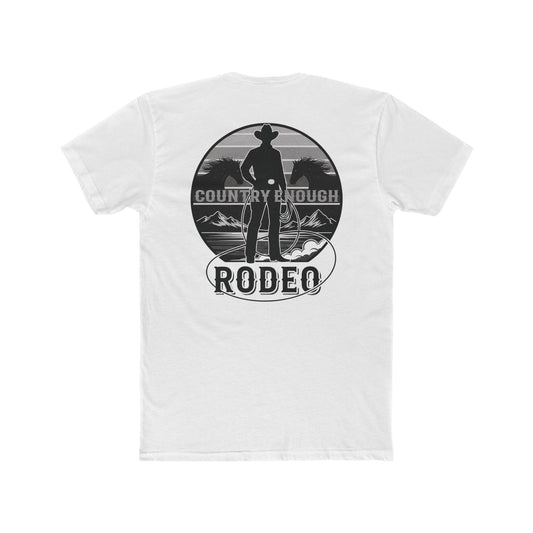 White t-shirt with words country enough and rodeo, a cowboy silhouette, horses, lasso and mountains #white