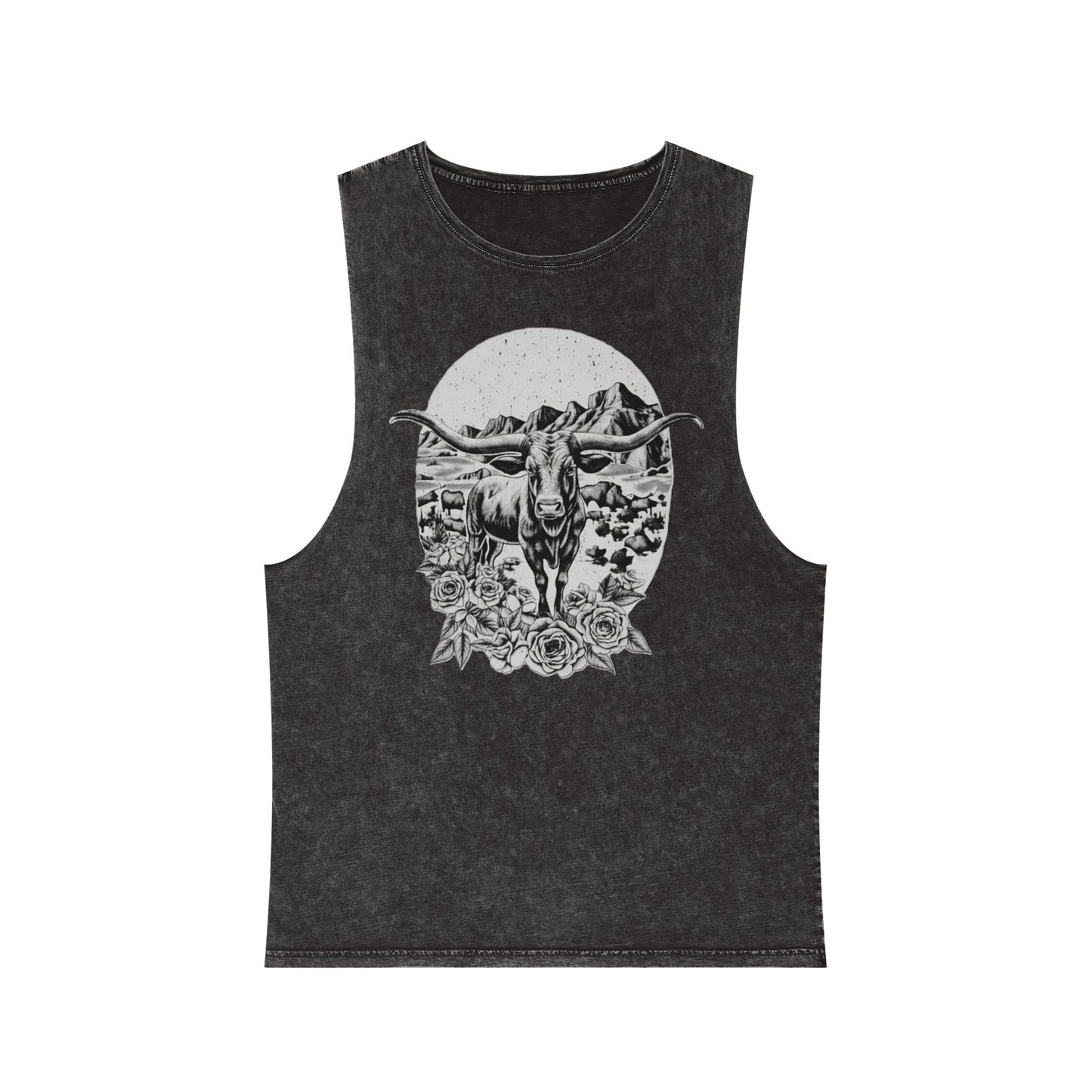Black Stone distressed wash tank top with a longhorn, desert mountains, and roses graphic #blackstone