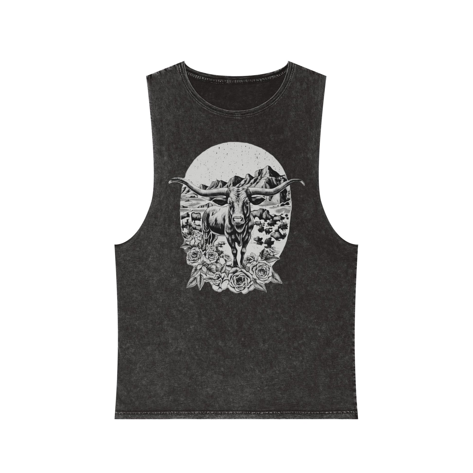 Black Stone distressed wash tank top with a longhorn, desert mountains, and roses graphic #blackstone