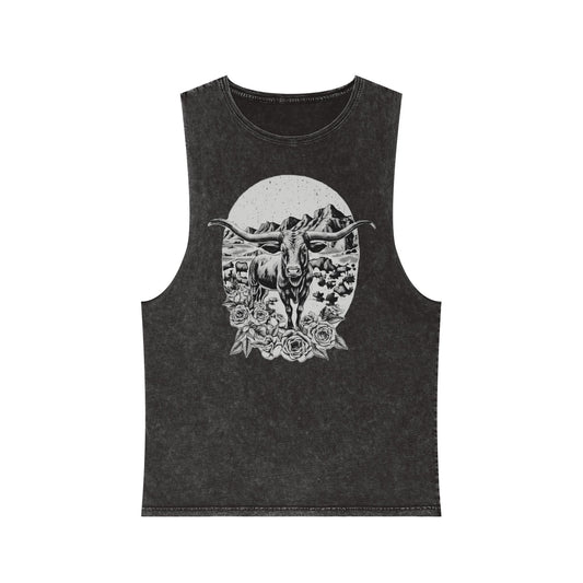 Black Stone distressed wash tank top with a longhorn, desert mountains, and roses graphic #blackstone