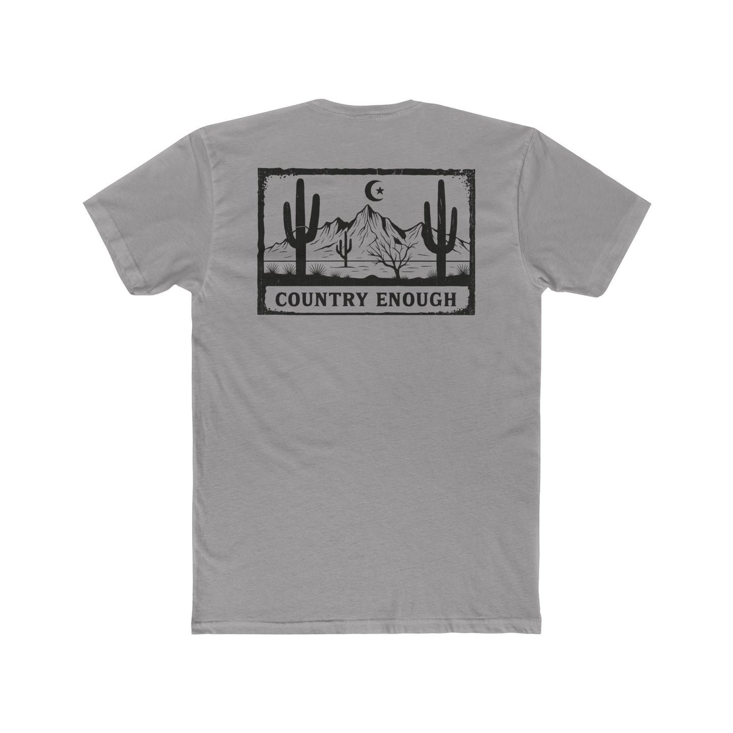 Gray t-shirt with graphic of mountains, cacti, and moon and star over a desert landscape with words country enough #gray