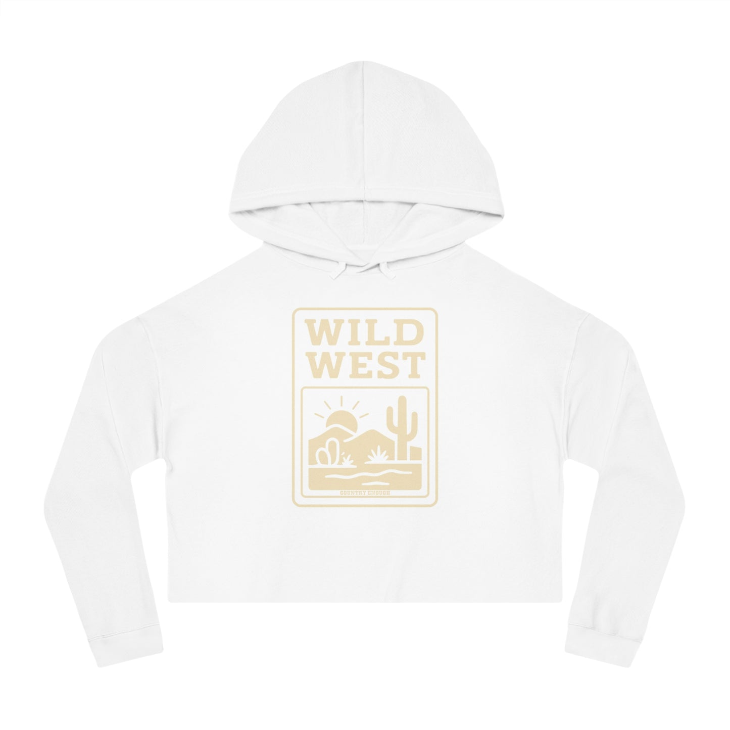 White hoodie with sunset, desert landscape, and wild west text graphic #white