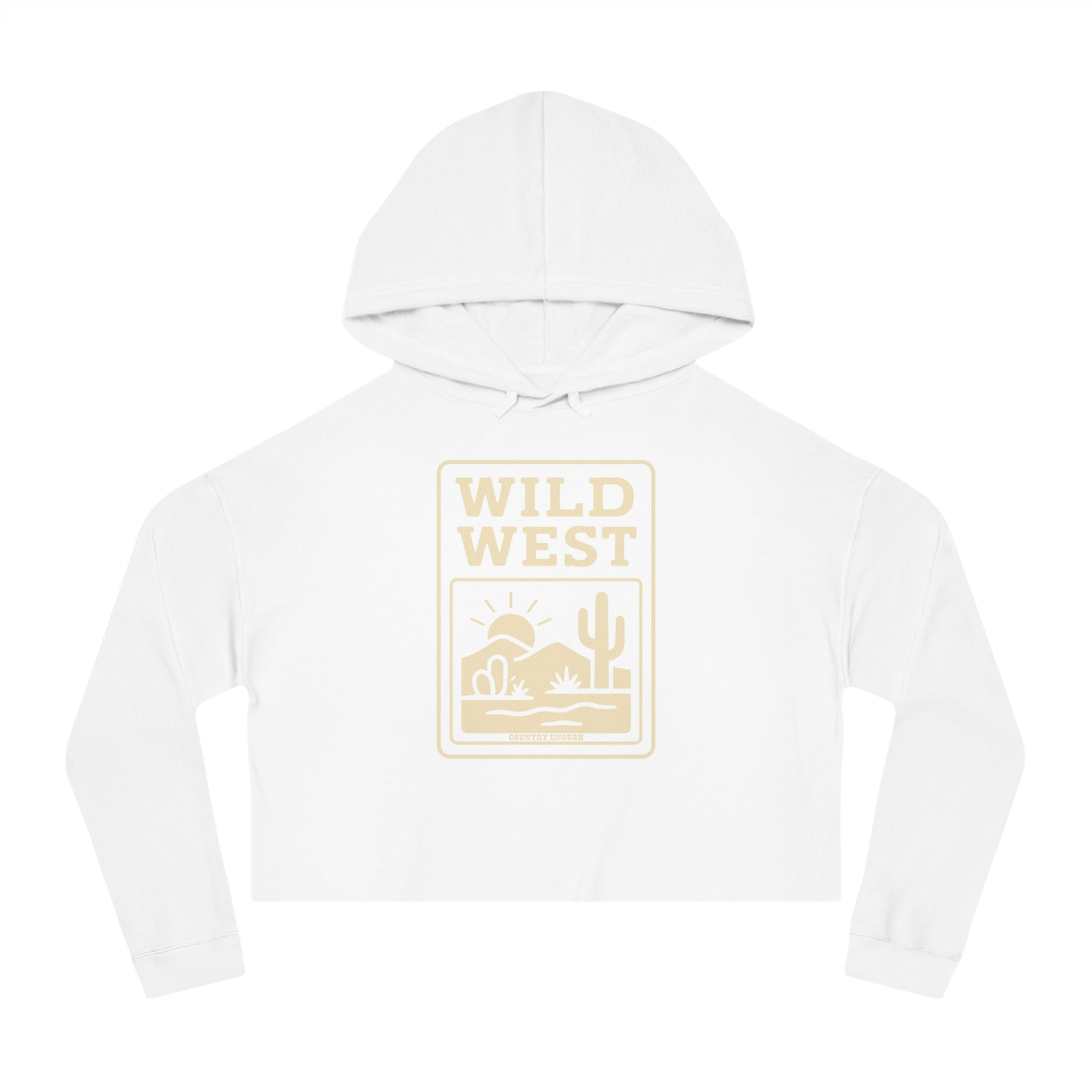 White hoodie with sunset, desert landscape, and wild west text graphic #white