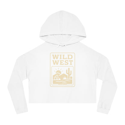 White hoodie with sunset, desert landscape, and wild west text graphic #white
