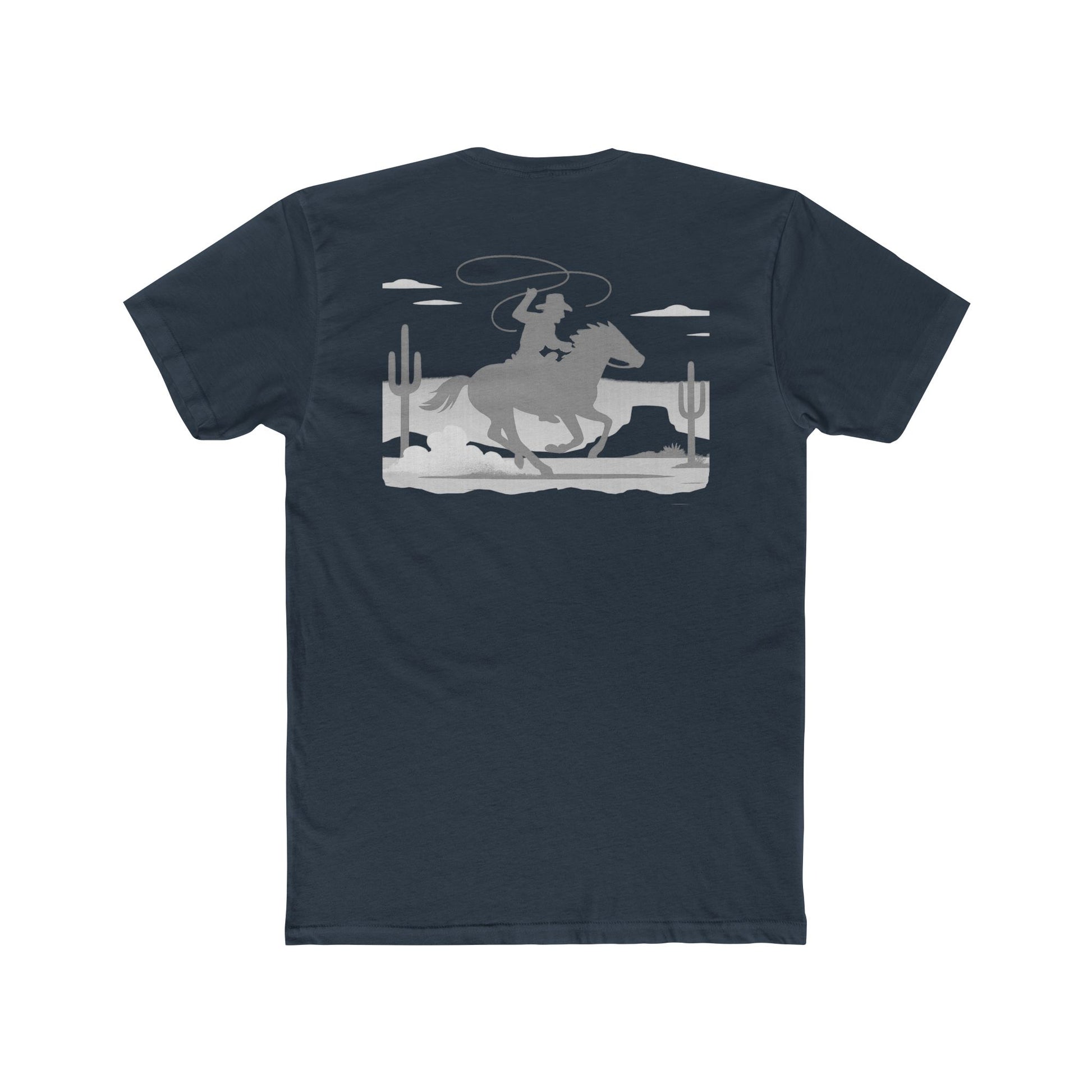 Indigo t-shirt with horse and rider swirling a lasso on desert landscape graphic #indigo