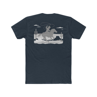 Indigo t-shirt with horse and rider swirling a lasso on desert landscape graphic #indigo