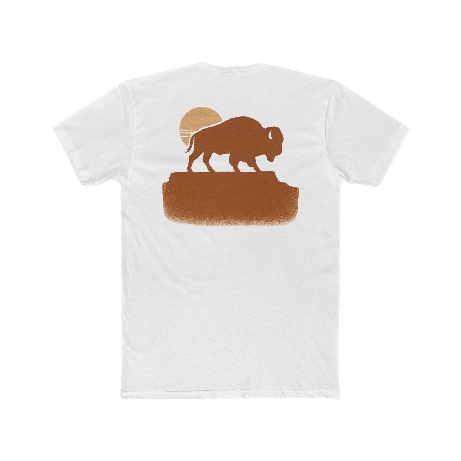 White t-shirt with graphic of bison atop a plateau and the sun behind #white