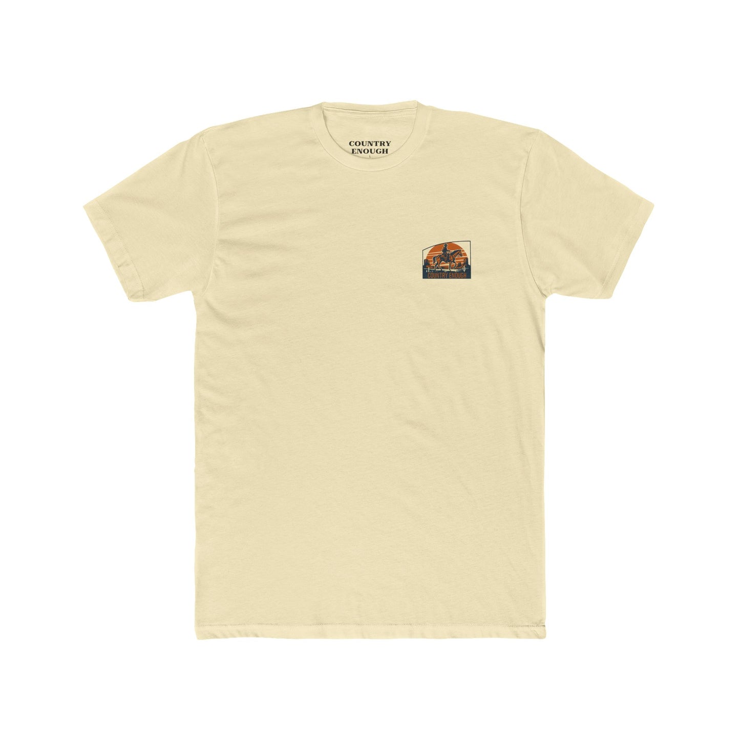 Solid Natural t-shirt with graphic design containing horse and rider, desert, mountains, and cactus #solidnatural